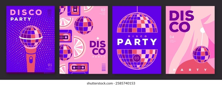 Set of retro disco party posters, covers or banners with disco ball. Disco background. Flat design. Vector illustration