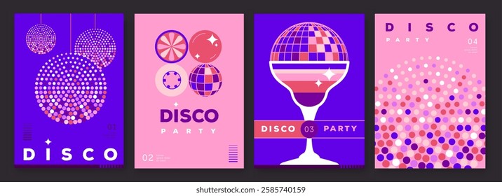 Set of retro disco party posters, covers or banners with disco ball. Disco background. Flat design. Vector illustration