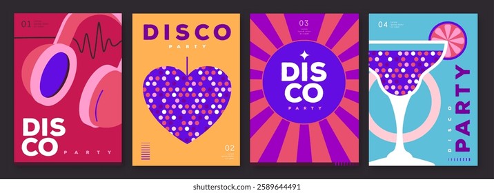 Set of retro disco party posters, covers or banners with disco ball. Disco background. Flat design. Vector illustration