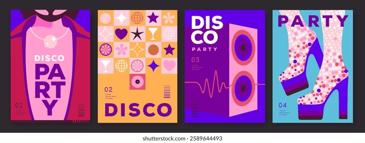 Set of retro disco party posters, covers or banners with disco ball. Disco background. Flat design. Vector illustration