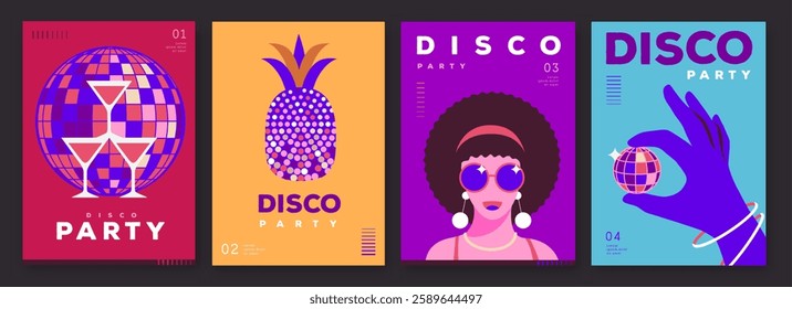 Set of retro disco party posters, covers or banners with disco ball. Disco background. Flat design. Vector illustration