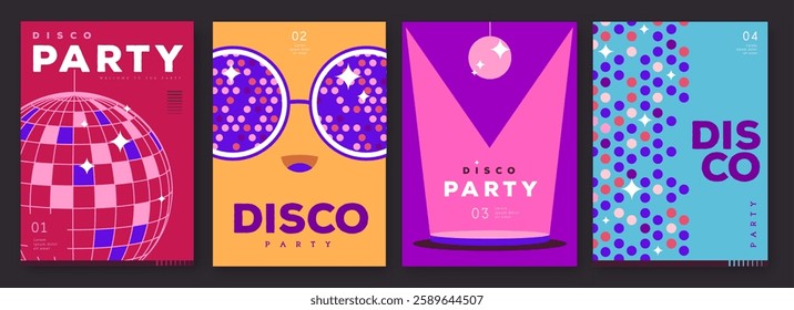 Set of retro disco party posters, covers or banners with disco ball. Disco background. Flat design. Vector illustration