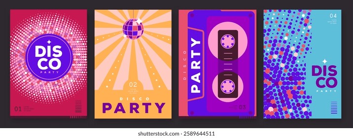Set of retro disco party posters, covers or banners with disco ball. Disco background. Flat design. Vector illustration