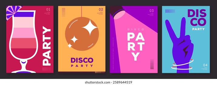 Set of retro disco party posters, covers or banners with disco ball. Disco background. Flat design. Vector illustration
