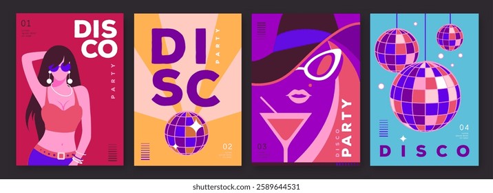 Set of retro disco party posters, covers or banners with disco ball. Disco background. Flat design. Vector illustration