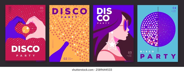 Set of retro disco party posters, covers or banners with disco ball. Disco background. Flat design. Vector illustration