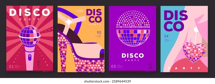 Set of retro disco party posters, covers or banners with disco ball. Disco background. Flat design. Vector illustration