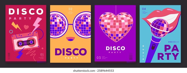 Set of retro disco party posters, covers or banners with disco ball. Disco background. Flat design. Vector illustration