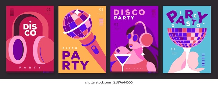 Set of retro disco party posters, covers or banners with disco ball. Disco background. Flat design. Vector illustration