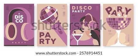 Set of retro disco party posters, covers or banners with disco ball. Disco background. Flat design. Vector illustration
