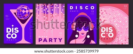 Set of retro disco party posters, covers or banners with disco ball. Disco background. Flat design. Vector illustration
