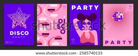 Set of retro disco party posters, covers or banners with disco ball. Disco background. Flat design. Vector illustration