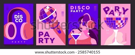 Set of retro disco party posters, covers or banners with disco ball. Disco background. Flat design. Vector illustration