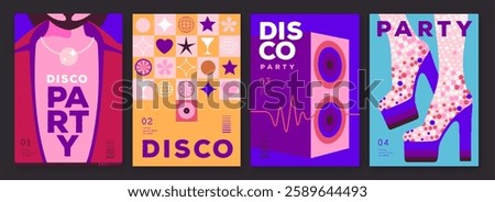Set of retro disco party posters, covers or banners with disco ball. Disco background. Flat design. Vector illustration