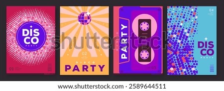 Set of retro disco party posters, covers or banners with disco ball. Disco background. Flat design. Vector illustration
