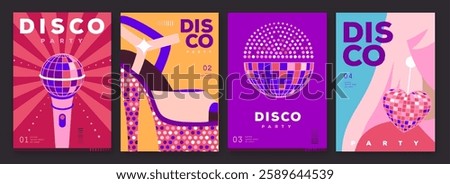 Set of retro disco party posters, covers or banners with disco ball. Disco background. Flat design. Vector illustration