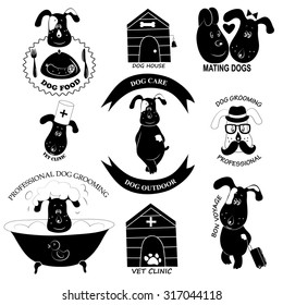Set of retro dog care and outdoor labels, badges and design elements. Dog grooming labels. Set of vintage logo and logotype elements of dog shop, dog house, dog clinic, dog food