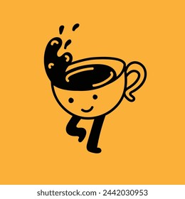 Set of retro doodle funny character poster. Vintage drink vector illustration. Latte, cappuccino, coffee cup mascot. Nostalgia 60, 70s, 80s. Print for cafe