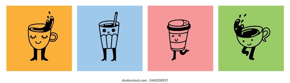 Set of retro doodle funny characters posters. Vintage drink vector illustration. Latte, cappuccino, coffee cup mascot. Nostalgia 60, 70s, 80s. Print for cafe