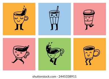 Set of retro doodle funny characters posters. Vintage drink vector illustration. Latte, cappuccino, coffee cup mascot. Nostalgia 60, 70s, 80s. Print for cafe