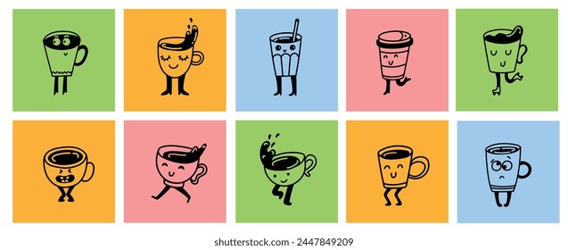 Set of retro doodle funny characters posters. Vintage drink vector illustration. Latte, cappuccino, coffee cup mascot. Nostalgia 60, 70s, 80s. Print for cafe