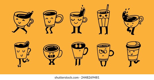 Set of retro doodle funny characters posters. Vintage drink vector illustration. Latte, cappuccino, coffee cup mascot. Nostalgia 60, 70s, 80s. Print for cafe