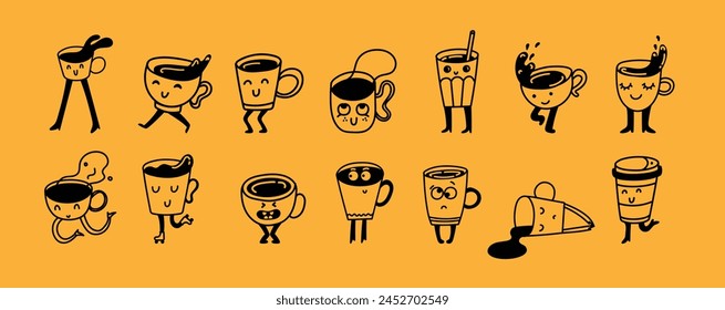 Set of retro doodle funny characters posters. Vintage drink vector illustration. Latte, cappuccino, coffee cup mascot. Nostalgia 60, 70s, 80s. Print for cafe