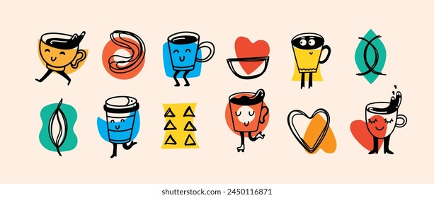 Set of retro doodle funny coffee characters and geometric shapes and doodles posters. Latte, cappuccino, coffee cup mascot. Nostalgia 70s, 80s. Print design for cafe