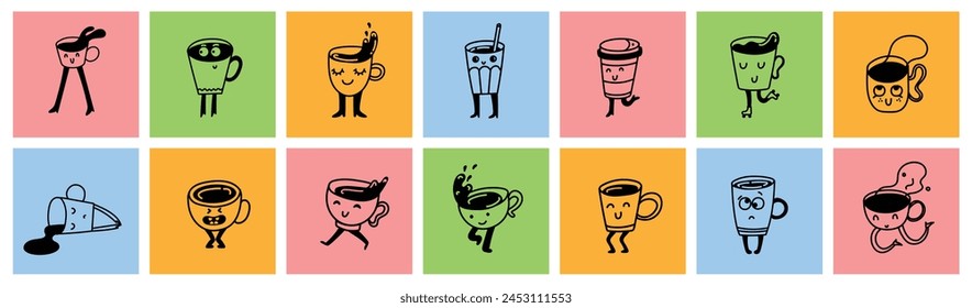 Set of retro doodle funny coffee characters posters. Vintage drink vector illustration. Latte, cappuccino, coffee cup mascot. Nostalgia 60, 70s, 80s. Print for cafe