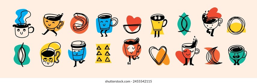 Conjunto de doodle retro divertidos personajes de café y Formas geométricas y doodles pósters. Café con leche, capuchino, taza de café mascota. Nostalgia 70, 80. Diseño de impresión para café