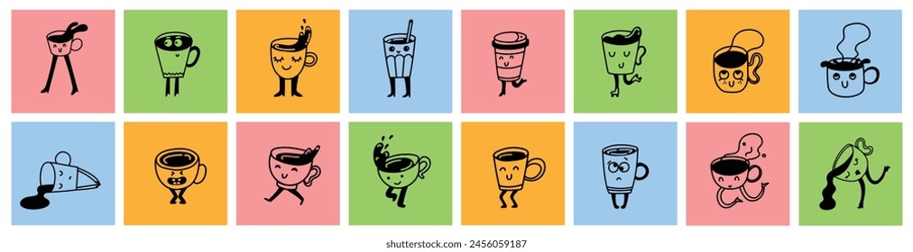 Conjunto de doodle retro de carteles de personajes de café divertido. Antiguas bebe Ilustración vectorial. Café con leche, capuchino, taza de café mascota. Nostalgia 60, 70, 80. Imprimir para café