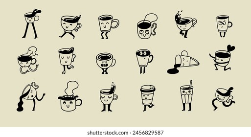 Set of retro doodle funny coffee characters and geometric shapes and doodles posters. Latte, cappuccino, coffee cup mascot. Nostalgia 70s, 80s. Print design for cafe