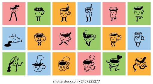 Set of retro doodle funny coffee characters and geometric shapes and doodles posters. Latte, cappuccino, coffee cup mascot. Nostalgia 70s, 80s. Print design for cafe