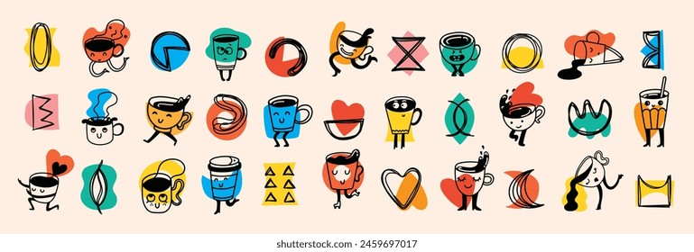 Conjunto de doodle retro divertidos personajes de café y Formas geométricas y doodles pósters. Café con leche, capuchino, taza de café mascota. Nostalgia 70, 80. Diseño de impresión para café
