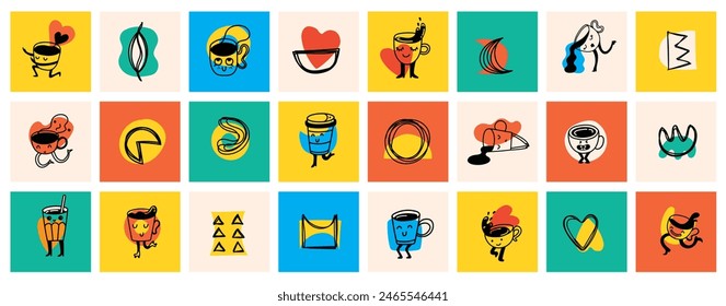 Set of retro doodle funny coffee characters and geometric shapes and doodles posters. Latte, cappuccino, coffee cup mascot. Nostalgia 70s, 80s. Print design for cafe