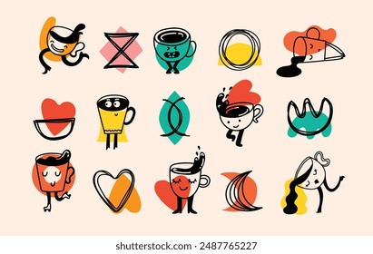 Set of retro doodle funny coffee characters and geometric shapes and doodles posters. Latte, cappuccino, coffee cup mascot. Nostalgia 70s, 80s. Print design for cafe