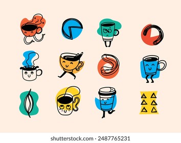 Set of retro doodle funny coffee characters and geometric shapes and doodles posters. Latte, cappuccino, coffee cup mascot. Nostalgia 70s, 80s. Print design for cafe