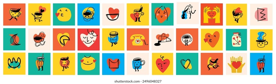 Set von Retro-Doodle lustige Kaffeefiguren und geometrische Formen und Doodle-Plakate. Latte, Cappuccino, Kaffeetasse Maskottchen. Nostalgie 70er, 80er. Design für Café drucken