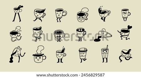 Set of retro doodle funny coffee characters and geometric shapes and doodles posters. Latte, cappuccino, coffee cup mascot. Nostalgia 70s, 80s. Print design for cafe