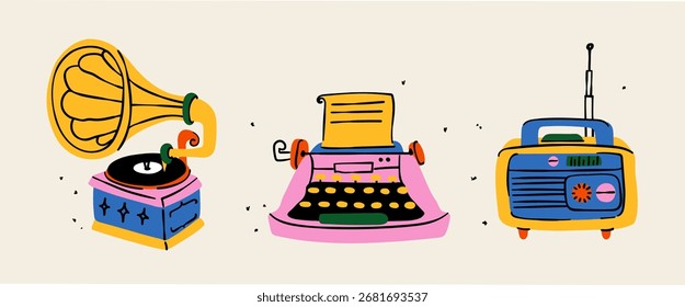 Conjunto de ilustraciones de doodle retro con un ambiente nostálgico. Este arte de moda presenta encantadores objetos vintage, perfectos para proyectos de diseño moderno