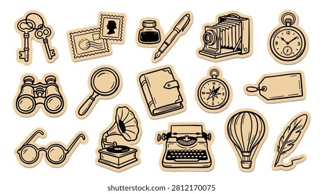 Set of retro doodle stickers featuring antique objects. Includes symbols of communication, timekeeping, exploration, and music. Great for crafting, journaling, and adding vintage flair to projects.