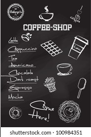 Set of retro and drawn coffee badges and elements on the chalkboard