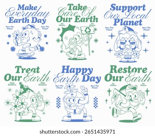 set of retro earth cartoon mascot characters,
groovy retro universe mascot, earth day designs set,
vector planet design, y2k retro earth day cartoon,
earth day designs bundle, vector planet, planet