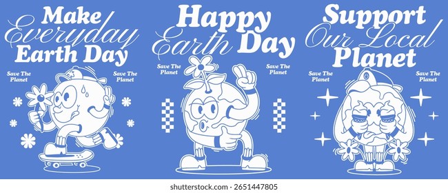 set of retro earth cartoon mascot characters,
groovy retro universe mascot, earth day designs set,
vector globe design, y2k retro earth day cartoon,
earth day designs bundle, vector planet