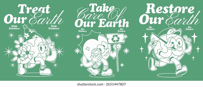 set of retro earth cartoon mascot characters,
groovy retro universe mascot, earth day designs set,
vector globe design, y2k retro earth day cartoon,
earth day designs bundle, vector planet