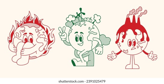 Set retro earth ecology. Cartoon sticker mascot character walking Earth planet, save planet, global warming hippy vintage comic vector set. Earth day, protection environment isolated on background