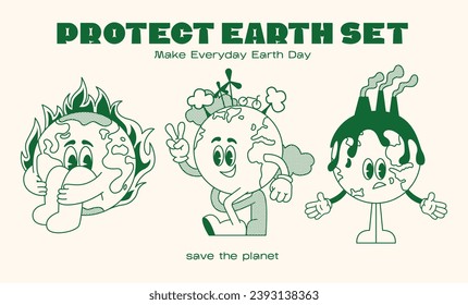 Set retro earth ecology. Cartoon sticker mascot character walking Earth planet, save planet, global warming hippy vintage comic vector set. Earth day, protection environment isolated on background