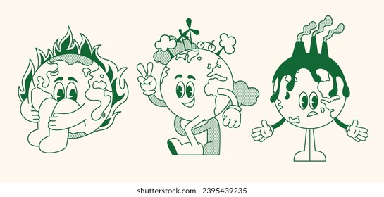 Set retro earth ecology. Cartoon sticker mascot character walking Earth planet, save planet, global warming hippy vintage comic vector set. Earth day, protection environment isolated on background