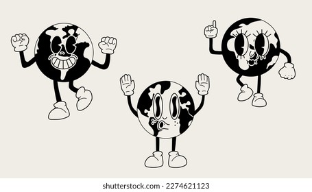 Set of Retro Earth mascot. Cute character in trendy retro 60s 70s cartoon style. Vector hand drawn illustration