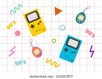 Set with retro electronic devices. Cute and stylish attributes from 90s. Hand drawn vector illustration.